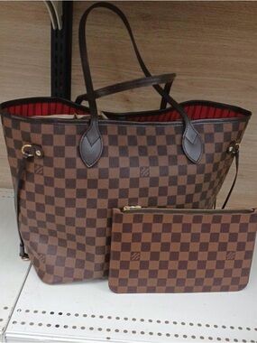 Brown Checkered Tote Bag with Pouch - Designer Style